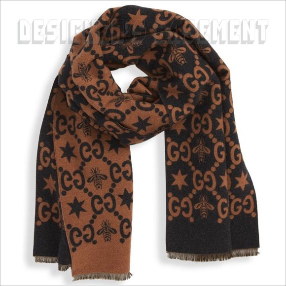 GUCCI brown & charcoal CONSTELLATION Bee GG Stars wool reversible long scarf NWT - Picture 5 of 10